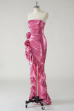 Sparkly Fuchsia Metallic Strapless Prom Dress with Slit