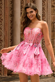 Floral A-Line Strapless Corset Pink Tulle Homecoming Dress