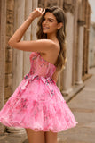 Floral A-Line Strapless Corset Pink Tulle Homecoming Dress