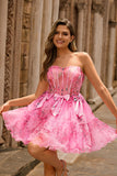 Floral A-Line Strapless Corset Pink Tulle Homecoming Dress