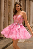 Floral A-Line Strapless Corset Pink Tulle Homecoming Dress