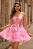 Floral A-Line Strapless Corset Pink Tulle Homecoming Dress