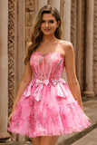 Floral A-Line Strapless Corset Pink Tulle Homecoming Dress