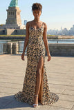 Khaki Leopard Sequins Mermaid Spaghetti Straps Long Corset Prom Dress with Slit