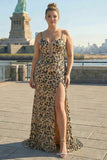Khaki Leopard Sequins Mermaid Spaghetti Straps Long Corset Prom Dress with Slit