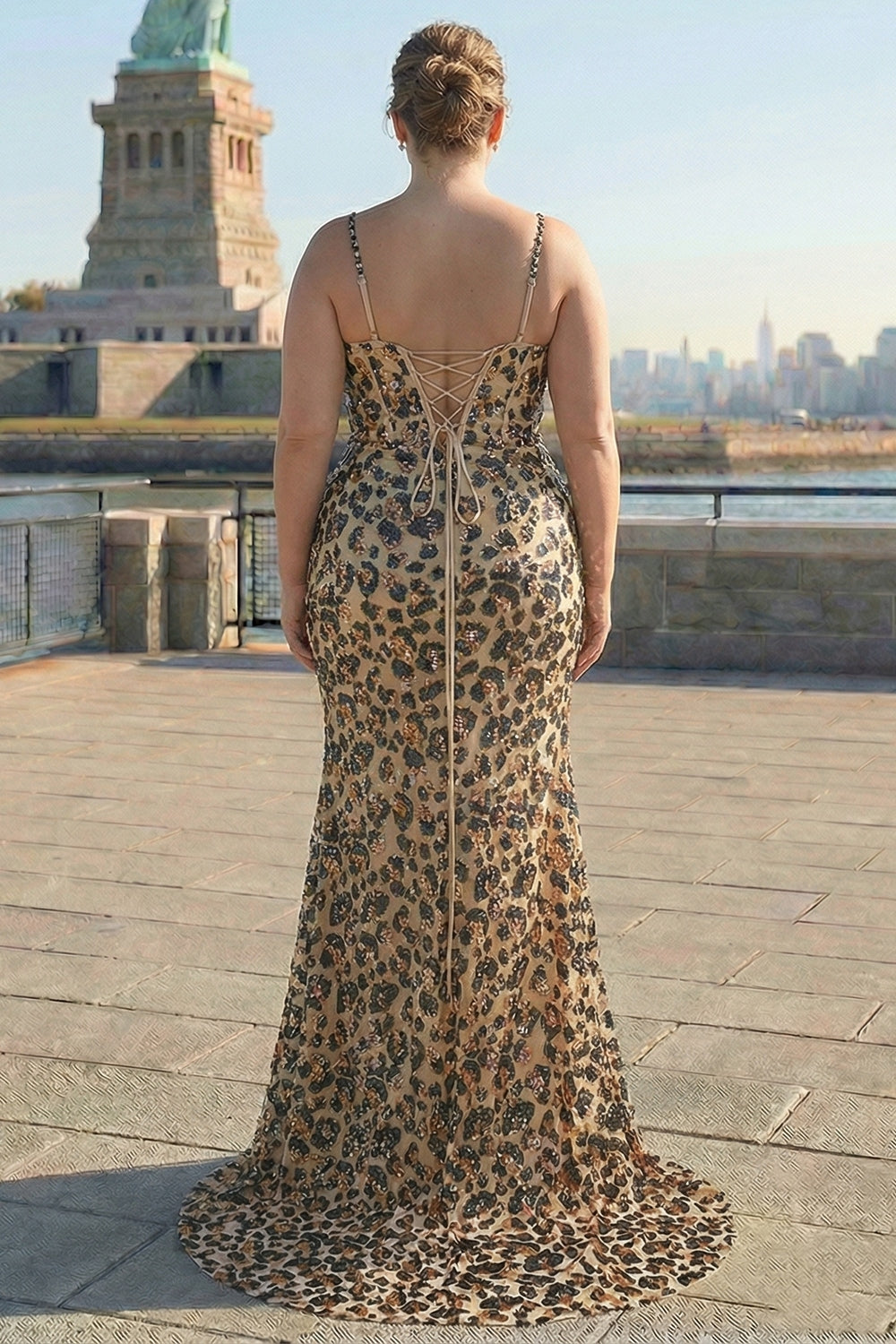 Zapaka Women Plus Size Khaki Leopard Prom Dress with Slit Mermaid Sequins Spaghetti Straps Corset Long Evening Party Dress, Kahki Leopard / US16 Zapaka Women Plus Size Khaki Leopard Prom Dress with Slit Mermaid Sequins Spaghetti Straps Corset Long Evening Party Dress, Kahki Leopard / US16