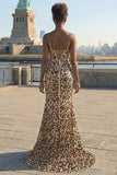 Khaki Leopard Sequins Mermaid Spaghetti Straps Long Corset Prom Dress with Slit