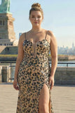 Mermaid Khaki Leopard Sequins Corset Plus Size Long Prom Dress with Slit