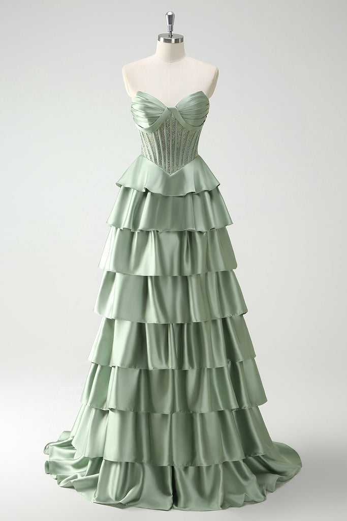 Green Satin Sweetheart Beaded Long Party Dress with Leg Slit, Green Satin Prom Dress main image 0