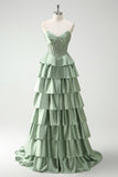 Green Sweetheart Princess Satin Tiered Long Corset Prom Dress with Slit