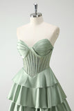 Green Sweetheart Princess Satin Tiered Long Corset Prom Dress with Slit