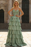 Green Sweetheart Princess Satin Tiered Long Corset Prom Dress with Slit
