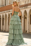 Green Princess Basque Waist Tiered Ruffle Long Prom Dress with Beading