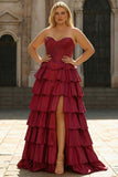 Green Sweetheart Princess Satin Tiered Long Corset Prom Dress with Slit
