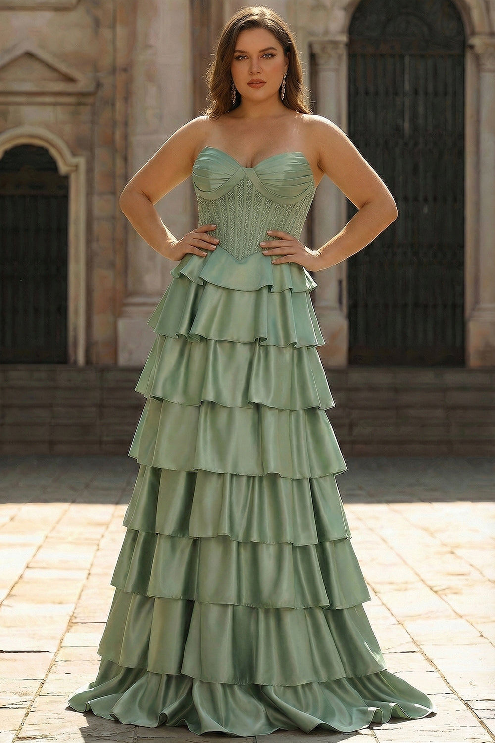 Princess Green Sweetheart Tiered Satin Corset Long Plus Size Prom Dress with Slit Princess Green Sweetheart Tiered Satin Corset Long Plus Size Prom Dress with Slit