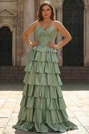 Princess Green Sweetheart Tiered Satin Corset Long Plus Size Prom Dress with Slit