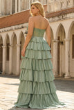 Princess Green Sweetheart Tiered Satin Corset Long Plus Size Prom Dress with Slit