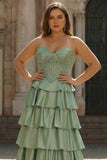 Princess Green Sweetheart Tiered Satin Corset Long Plus Size Prom Dress with Slit