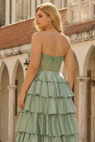 Princess Green Sweetheart Tiered Satin Corset Long Plus Size Prom Dress with Slit