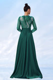 Green Sequins Printed Formal Dress with Long Sleeves