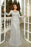 Sparkly Grey A-Line V-Neck Prom Dress with Long Sleeves