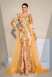 Golden Sparkly Mermaid Long Sleeves Prom Dress with Slit