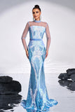 Ligth Blue Mermaid Printed Illusion Sleeves Prom Dress