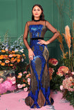 Ligth Blue Mermaid Printed Illusion Sleeves Prom Dress