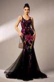 Sparkly Floral Black Mermaid Spaghetti Straps Tulle Prom Dress