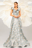 Light Blue A Line Floral Print Ruffled Sleeves Prom Dress