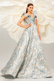 Light Blue A Line Floral Print Ruffled Sleeves Prom Dress