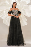 Sparkly Black Off the Shouler A-Line Tulle Long Corset Prom Dress with Feather