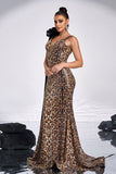 Coffee Leopard Printed Mermaid V-neck Long Prom Dress