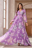 Purple Floral Printed Chiffon A-Line V-neck Long Sleeves Long Formal Dress