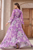 Purple Floral Printed Chiffon A-Line V-neck Long Sleeves Long Prom Dress