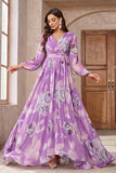 Purple Floral Printed Chiffon A-Line V-neck Long Sleeves Long Formal Dress