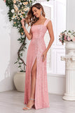 Pink A Line Off the Shoulder Sequin Long Prom Dress with Slit