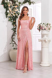 Pink A Line Off the Shoulder Sequin Long Prom Dress with Slit