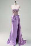 Sparkly Purple Mermaid Watteau Train Sheer Ruched Corset Long Prom Dress with Slit