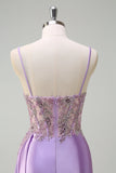 Sparkly Purple Mermaid Watteau Train Sheer Ruched Corset Long Prom Dress with Slit