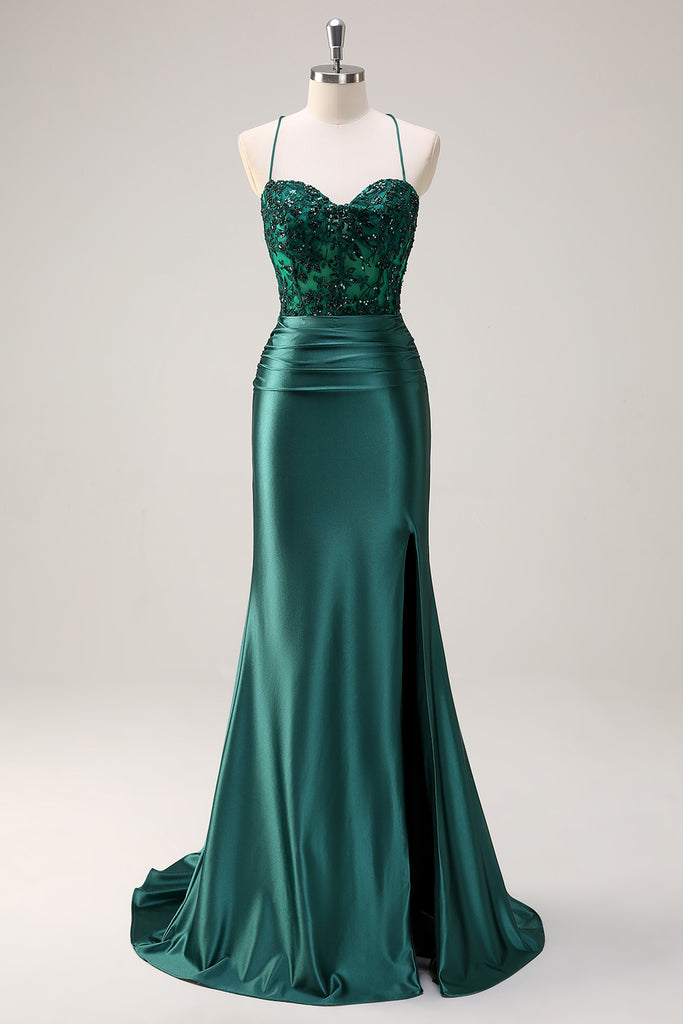 Sexy Halter Avocado Green Lace Sequin Mermaid Long Party Dress Birthday Prom Dresses SP1336
