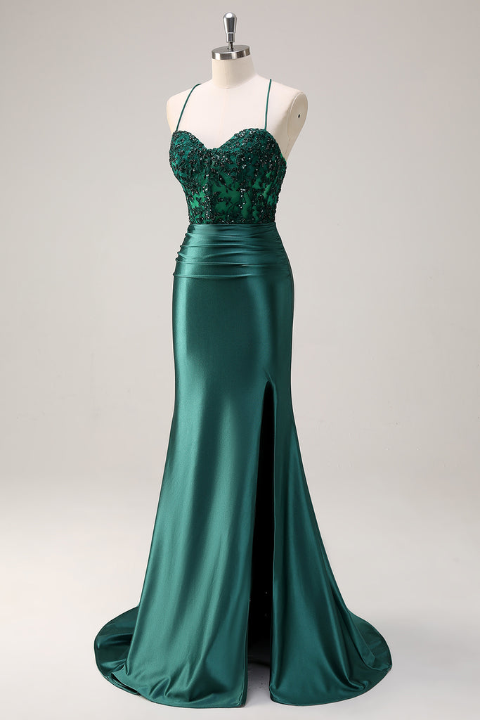 Satin Mermaid Lace-Up Back Dark Green Ball Dress with Corset main image 0
