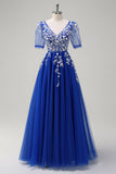 Sparkly Royal Blue A-Line V Neck Appliques Tulle Long Prom Dress with Short Sleeves