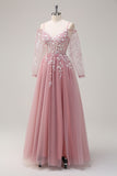 Blush Floral A Line Cold Shoulder Long Prom Dress with Long Sleeves