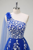 Royal Blue A-Line One Shoulder Watteau Train Appliqued Prom Dress with Lace Up Back