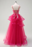 Sparkly Fuchsia A-Line Spaghetti Straps Ruffles Tulle Long Prom Dress with Appliques