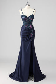 Sparkly Navy Mermaid Sequins Ruched Corset Long Prom Dress with Slit