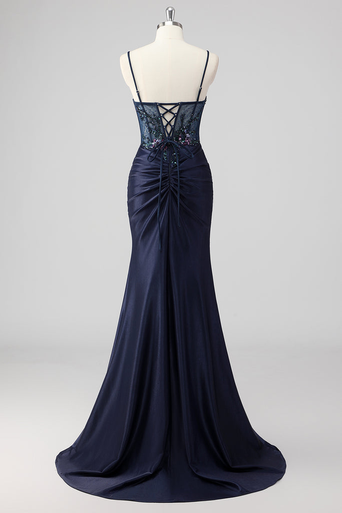 ZAPAKA Women Sparkly Navy Long Prom Dress with Slit Mermaid Sequins