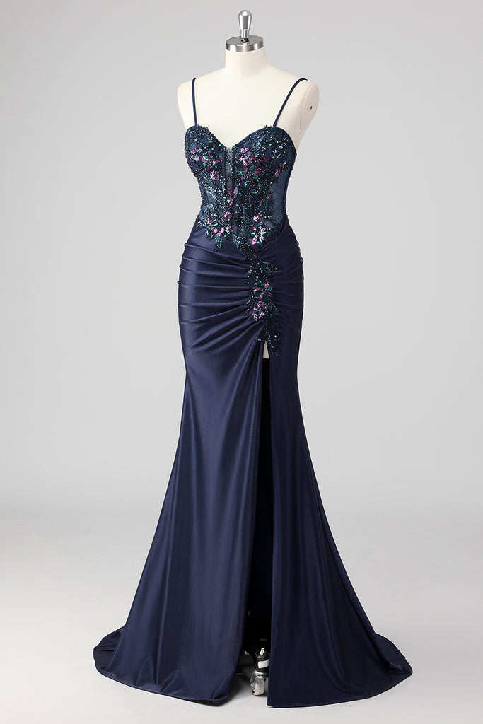 ZAPAKA Women Sparkly Navy Long Prom Dress with Slit Mermaid Sequins