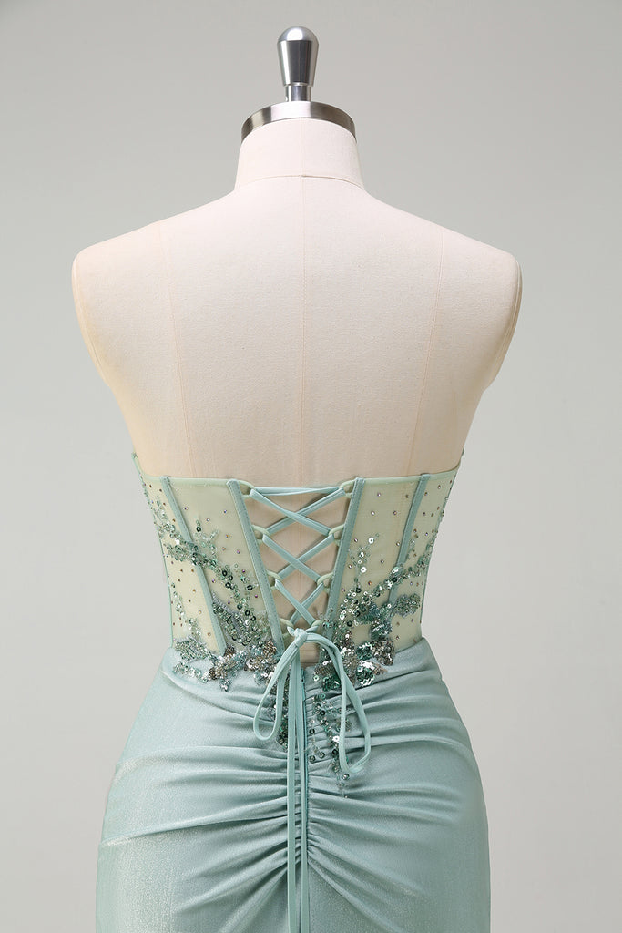 Zora | Green off-shoudle tube top ribbon spliced satin evening dress